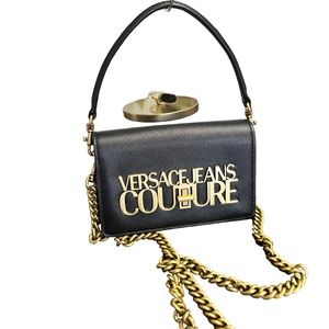 NWT - "Versace Jeans Collection" Black Leather Logo Shoulder Bag with Gold Chain